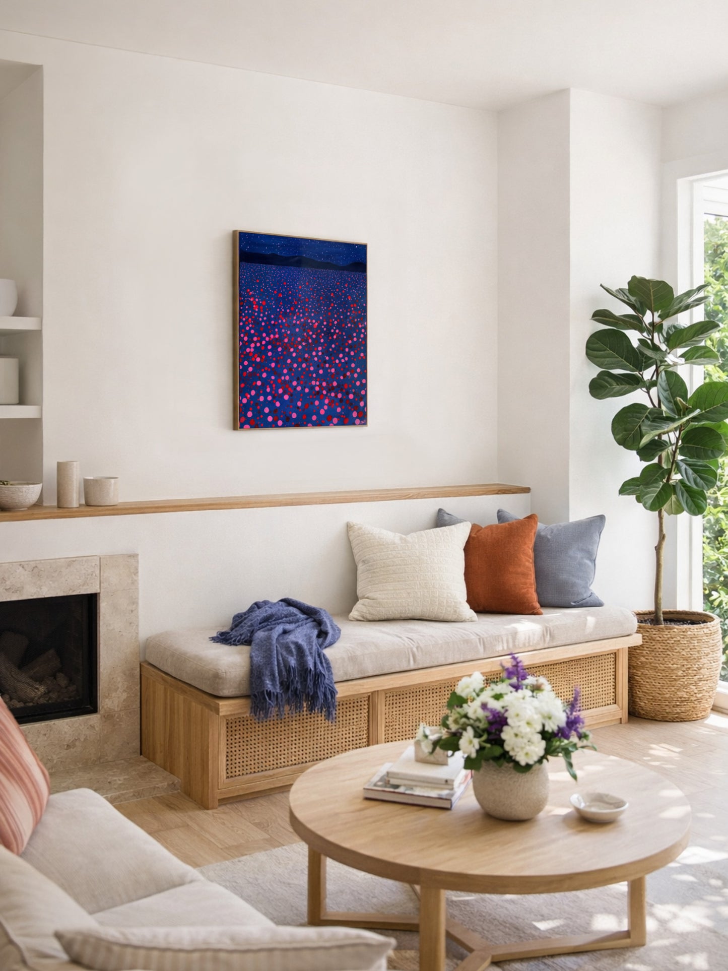 Flower Field V - Dreamlike Abstract Floral Painting in Red, Pink & Midnight Blue