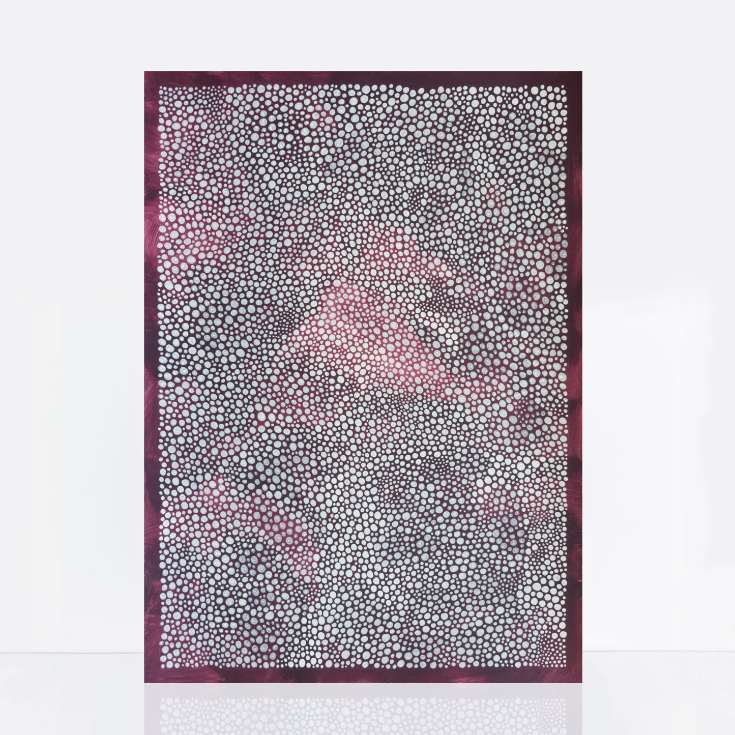 abstract artwork with plum background adorned with delicate white dots
