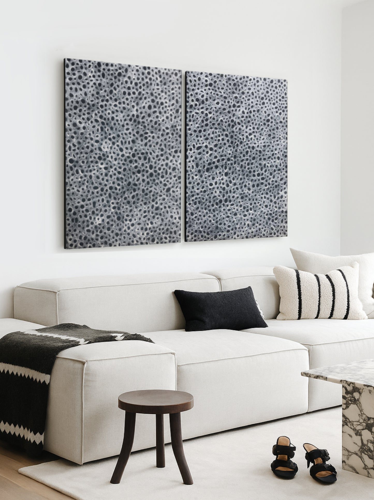 Monochrome Lounge with black and white Abstract Diptych