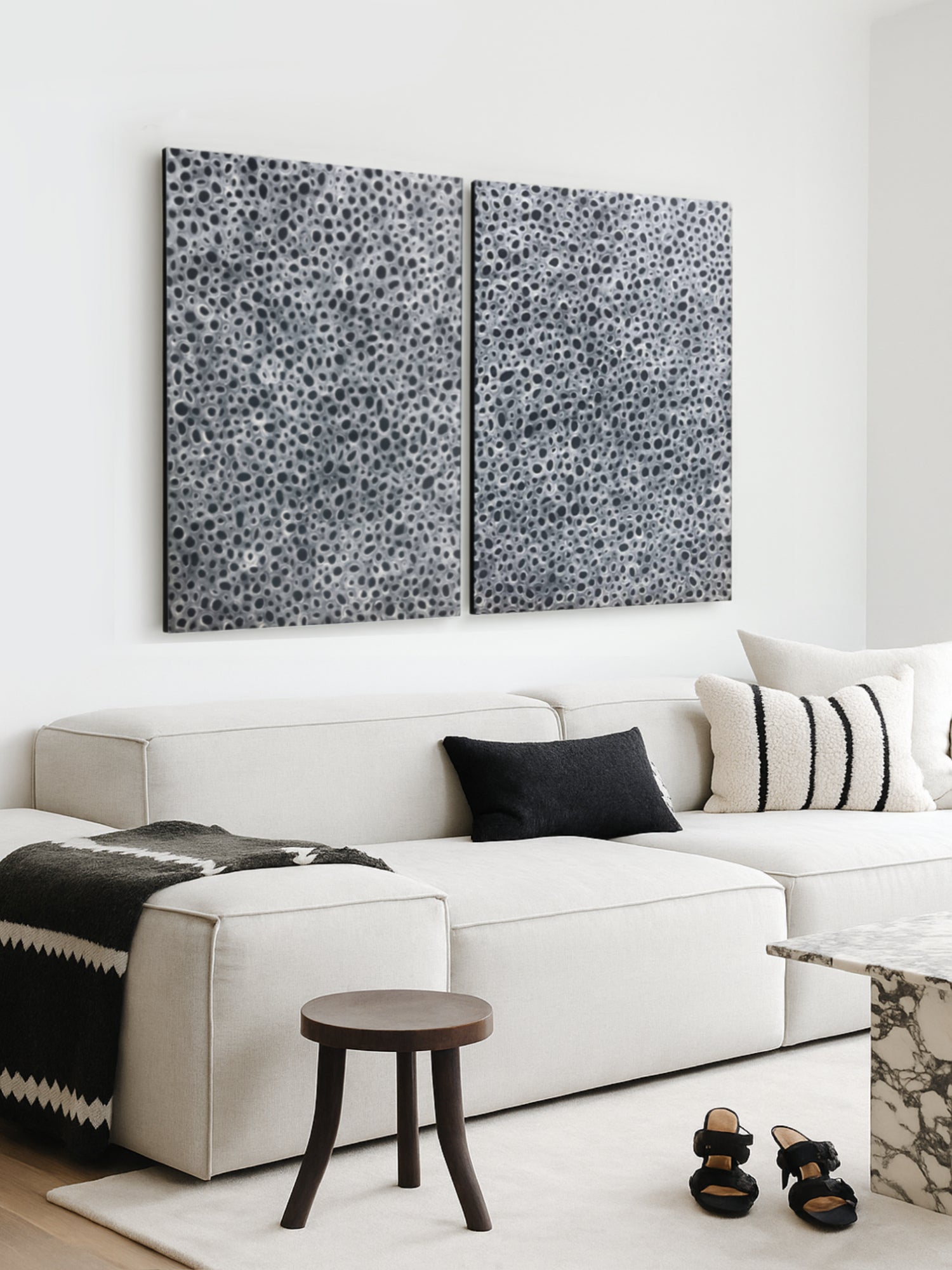 Monochrome Lounge with black and white Abstract Diptych