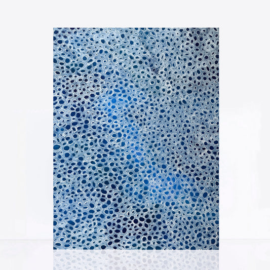 large blue organic painting of white shapes