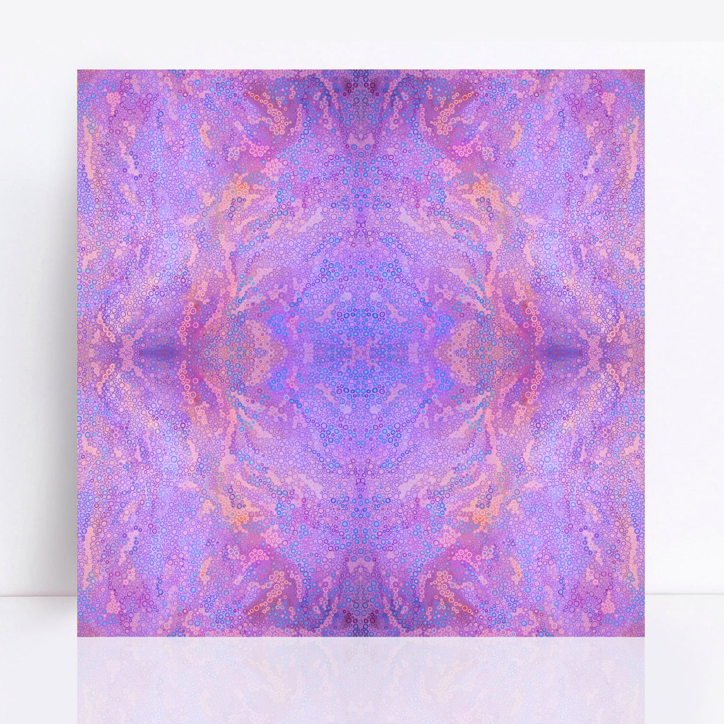 A limited edition canvas print titled "Jacaranda Season," featuring a vibrant abstract design with hundreds of meticulously arranged dots and circles in various sizes. The artwork showcases a harmonious blend of purples and pinks, inspired by the hues of jacaranda blossoms. The print is displayed against a white background, highlighting its intricate and captivating composition.