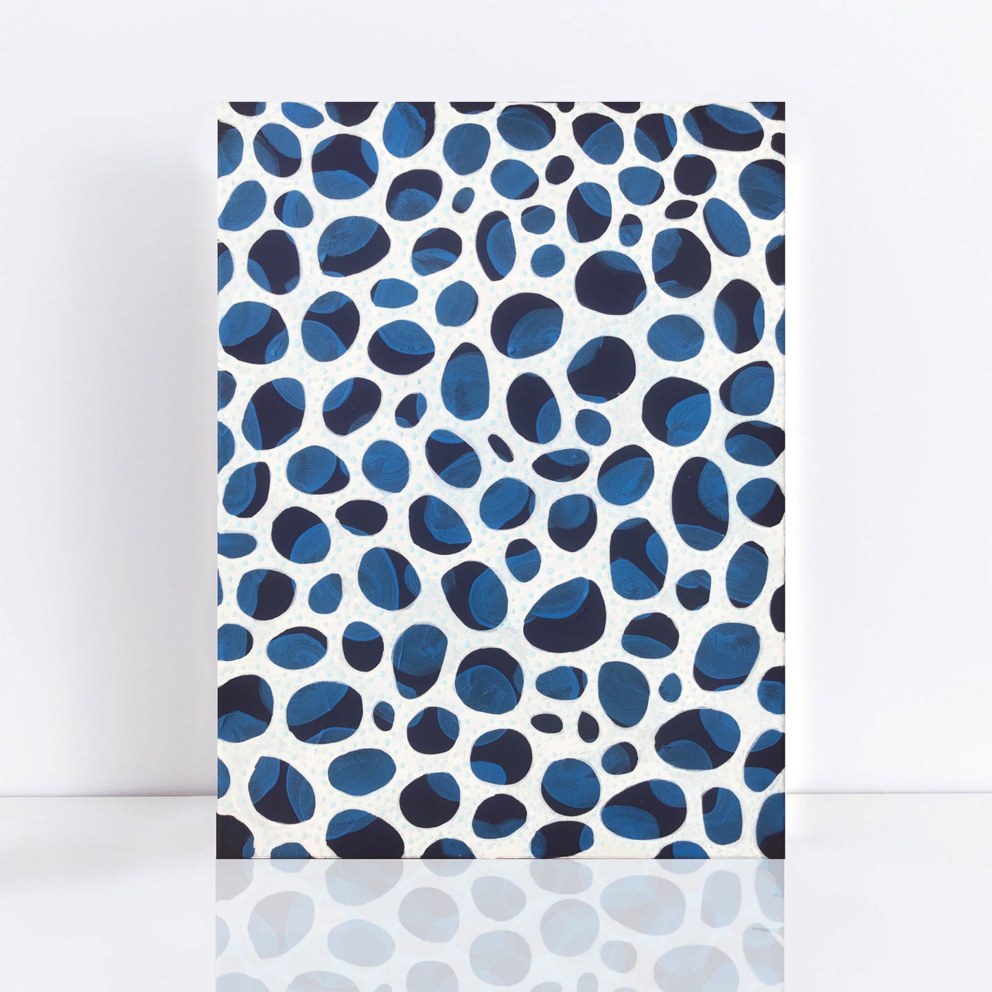 striking abstract painting blue and white with organic shapes