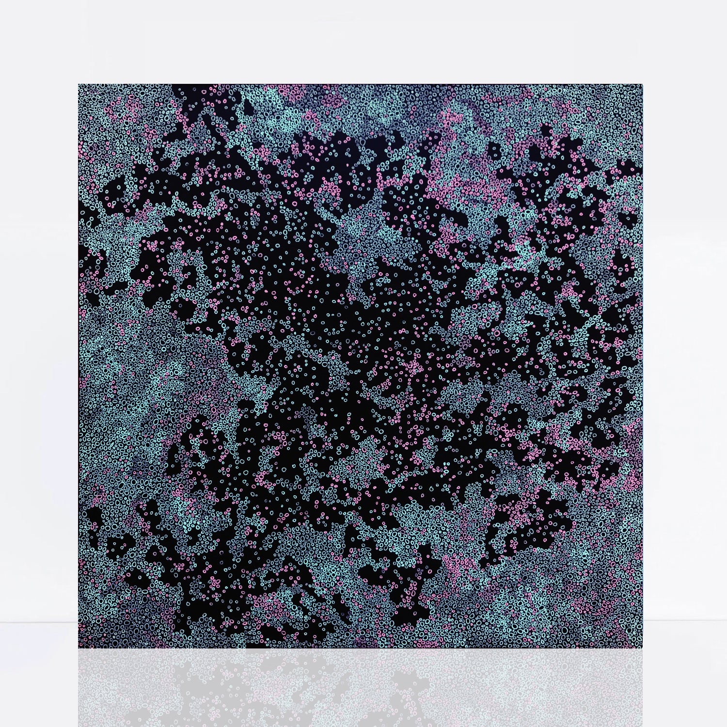 abstract painting with pink and pale blue on a black background