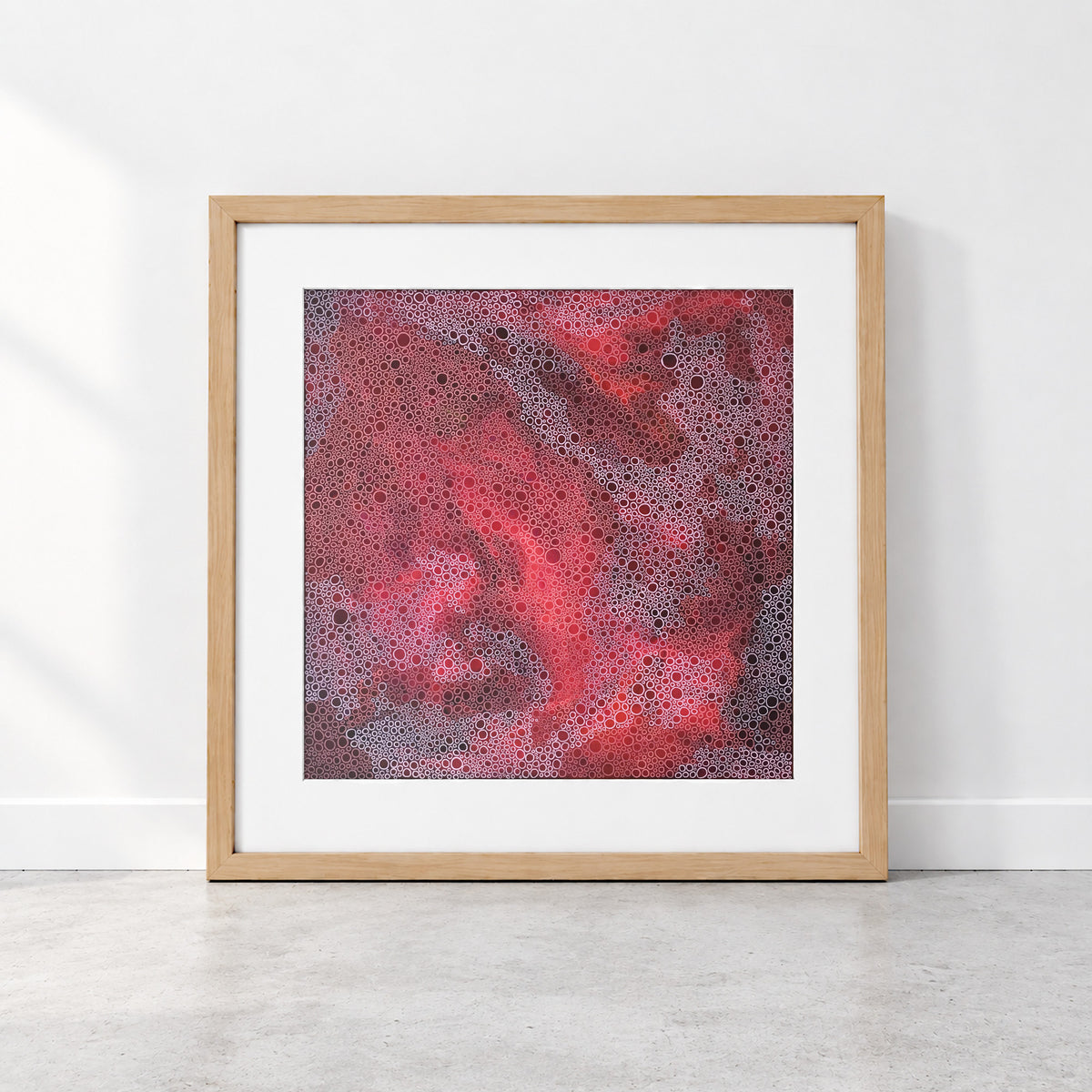 Mulla Mulla Pollen limited edition abstract art print in burgundy, pink and white, inspired by microscopic pollen patterns