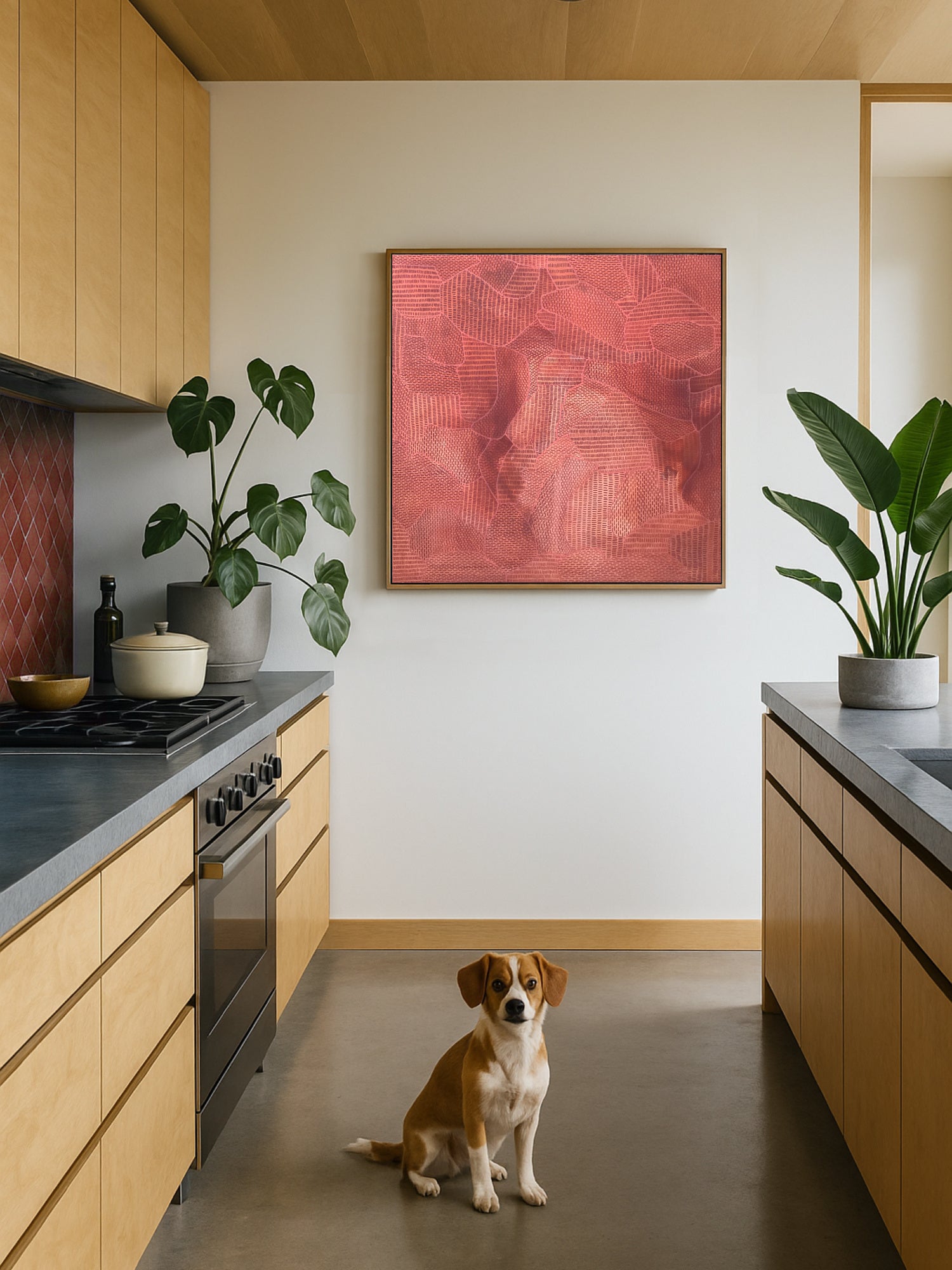 Dog sitting in a modern kitchen with wooden cabinets, a red abstract painting, and plants.
