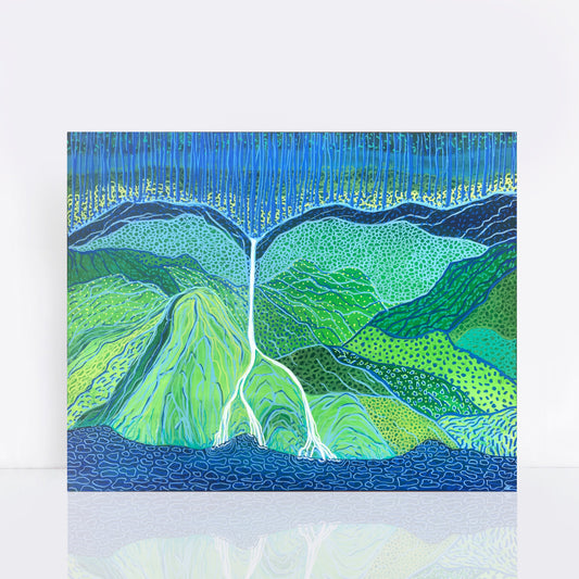 vibrant painting of a lush Australian rainforest creek in bold blues and greens 