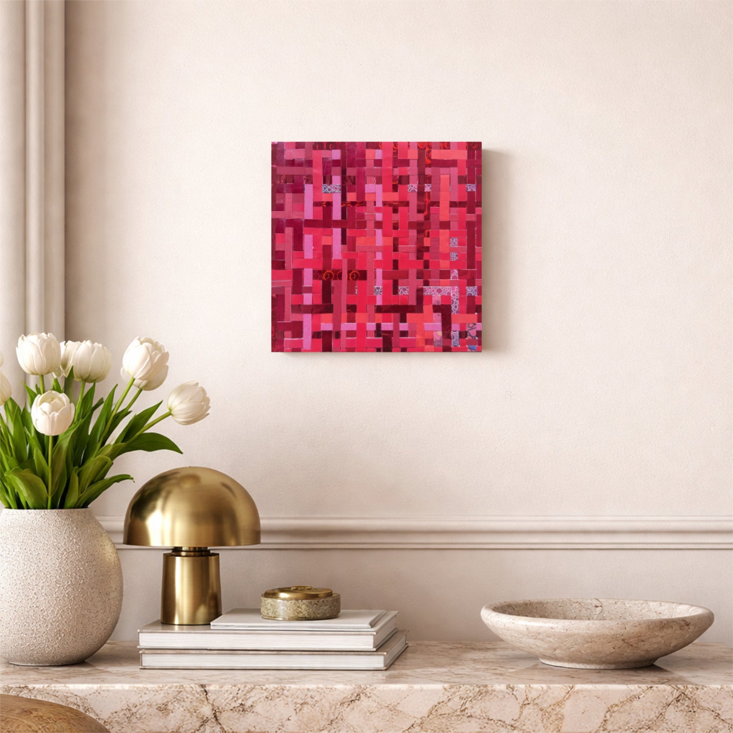 High end interior inspiration featuring a small red woven artwork. Discover how textured, abstract art in rich red tones can elevate modern spaces, add warmth, and create a refined focal point in contemporary interiors.