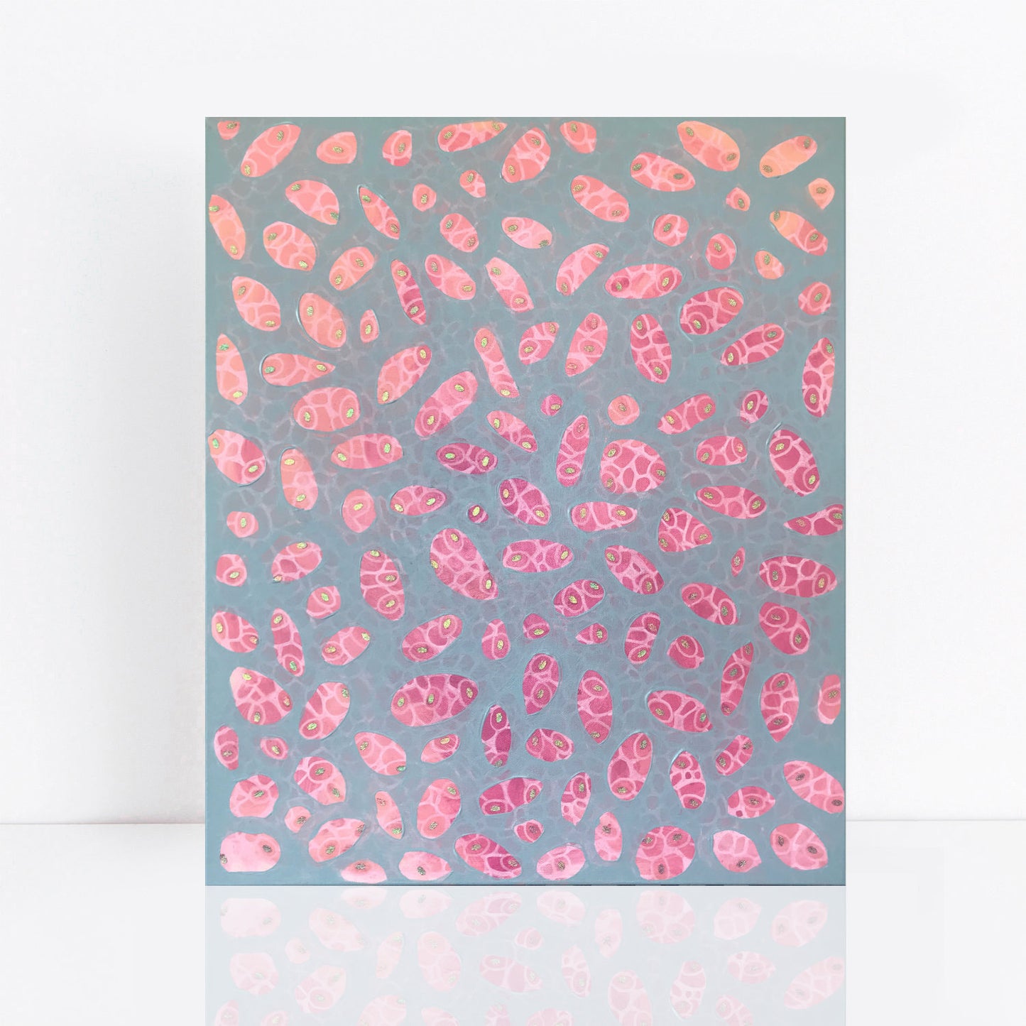 Soft blue grey and pink abstract painting with organic shapes