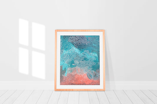 limited edition print of an original abstract painting is suggestive of waves washing onto the beach leaving behind the little bubbles. In a pretty mix of turquoises and pinks. 