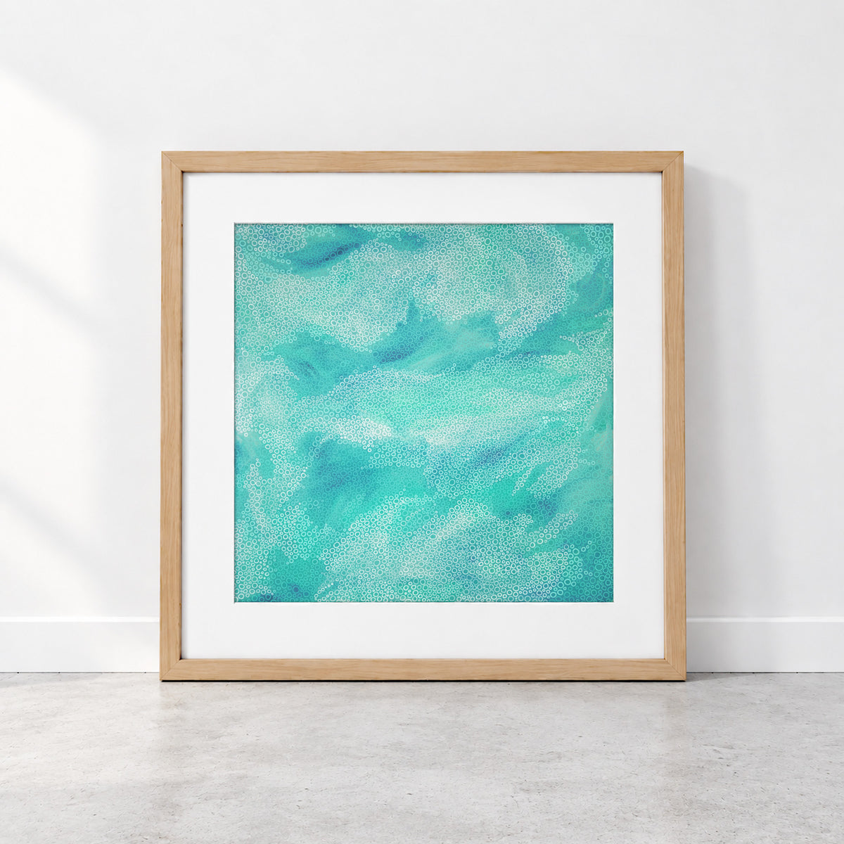 Sea Foam Shift limited edition turquoise abstract art print with intricate circular patterns inspired by water and sea foam