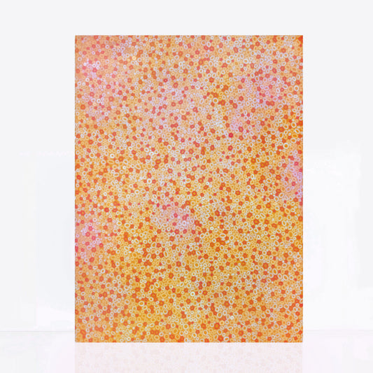 yellow orange and red abstract painting Comprised of hundreds of circles and dots 