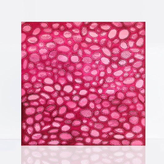 A bold hot pink abstract painting with organic shapes