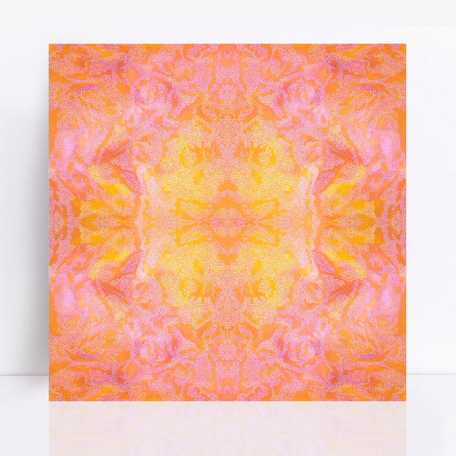 A limited edition canvas print titled "Summer Sorbet," featuring a vibrant abstract design with hundreds of meticulously arranged dots and circles in various sizes. The artwork showcases a harmonious blend of warm pink, orange, and yellow tones, inspired by the colours of a refreshing mango sorbet. The print is displayed against a white background, highlighting its intricate and lively composition.