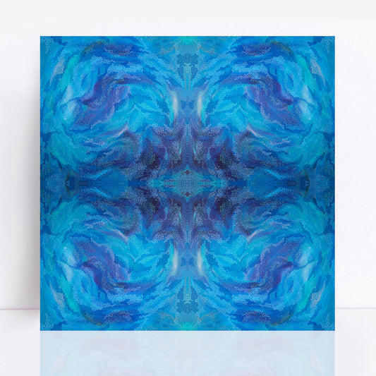 A limited edition print titled "Summer Swirl," featuring a vibrant abstract design with hundreds of meticulously arranged dots and circles in various sizes. The artwork showcases a harmonious blend of deep blue and teal tones, inspired by the refreshing and dynamic energy of summer waves. The print is displayed against a white background, highlighting its intricate and captivating composition.