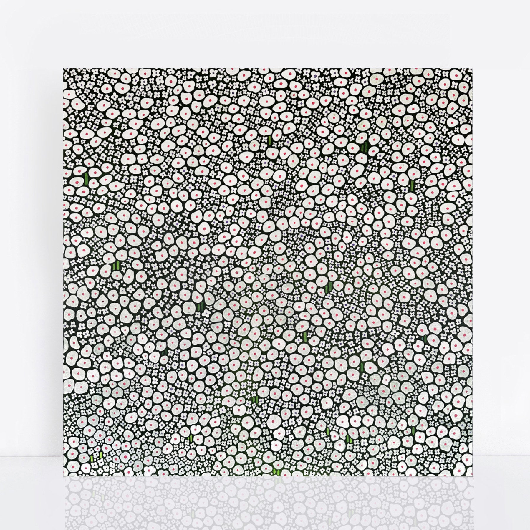 large abstract painting covered in white flower blossoms filling the entire canvas