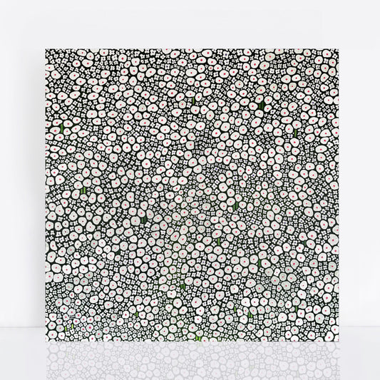 large abstract painting covered in white flower blossoms filling the entire canvas