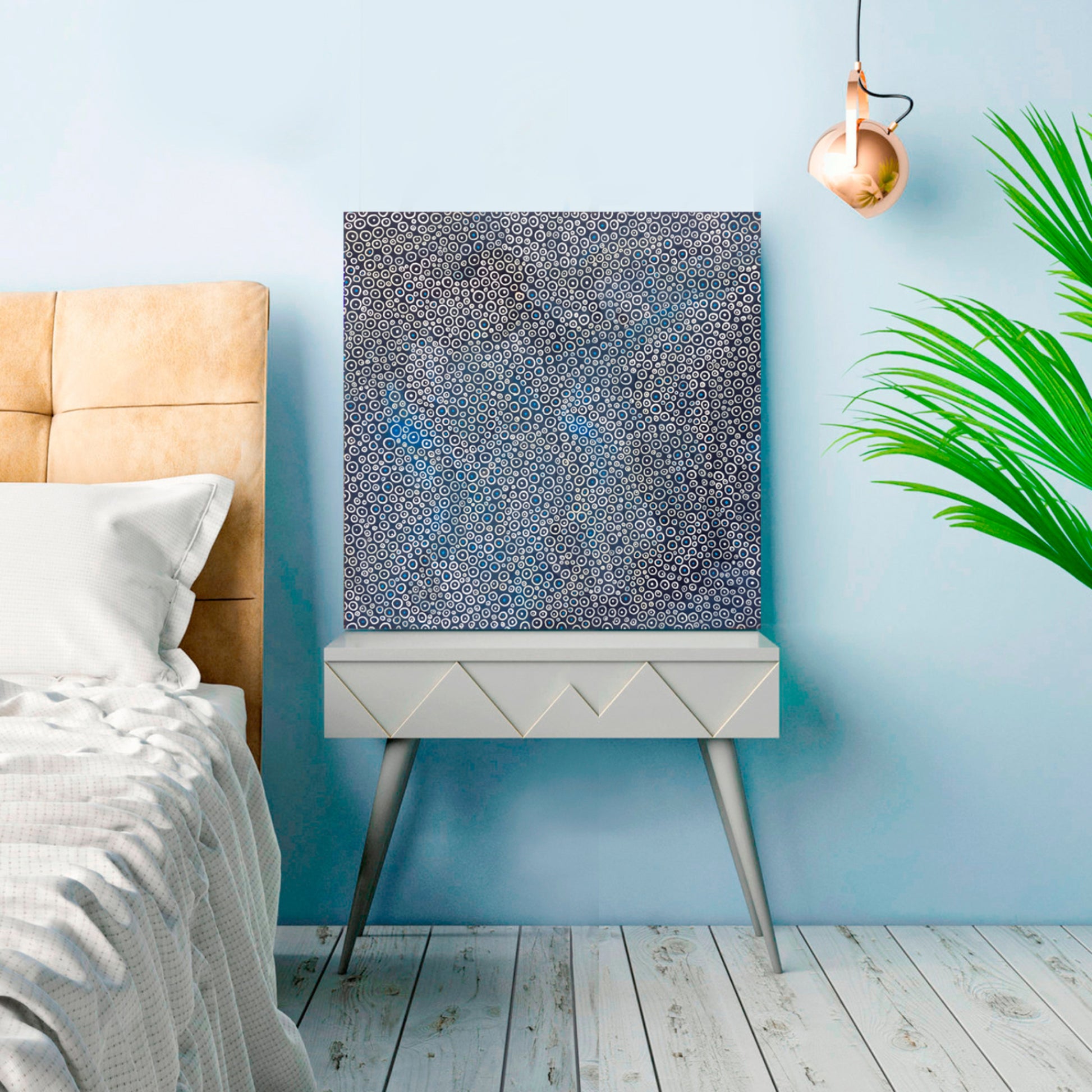 abstract painting in shades of blue like underwater with bubbles