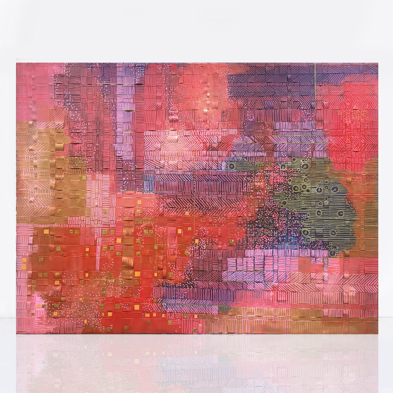 abstract mixed media artwork features shades of red and blue that are layered with intricate patterns of red, pink, and gold using woven strips of recycled paper 