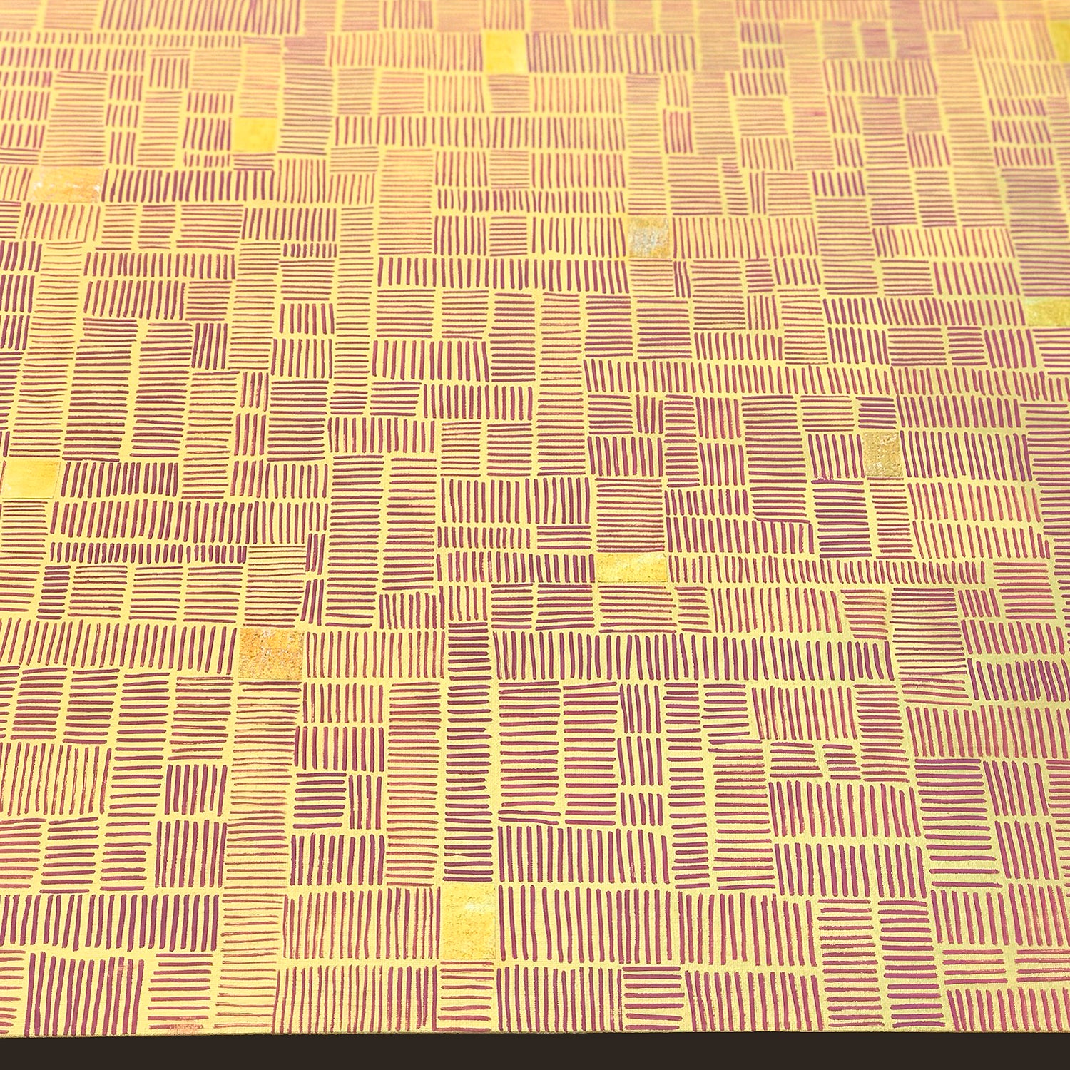 Detail of Unyielding No3 by Jennifer Bell – abstract gold artwork featuring intricate repeating lines, inspired by topographic maps and Japanese sashiko stitching, with shimmering gold paper accents on black canvas
