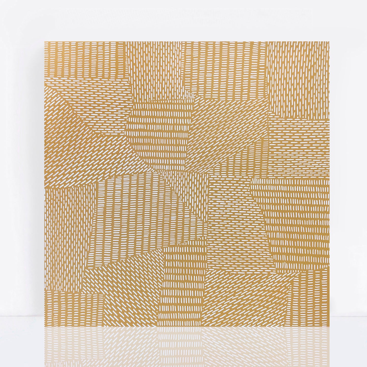 yellow abstract painting with repeating white lines