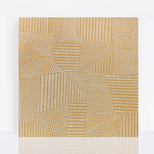 yellow abstract painting with repeating white lines
