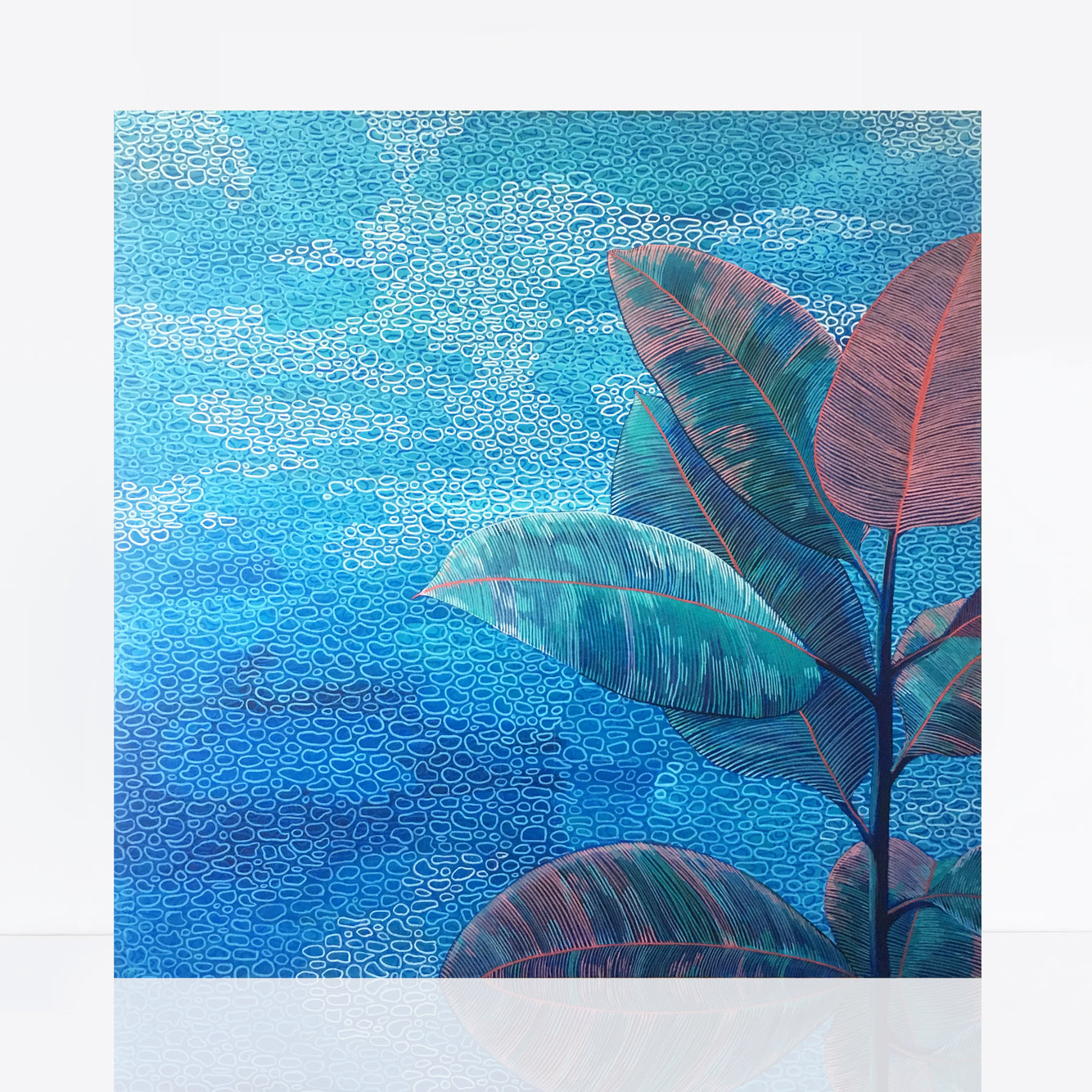 painting of a Variegated Rubber Plant by a pool