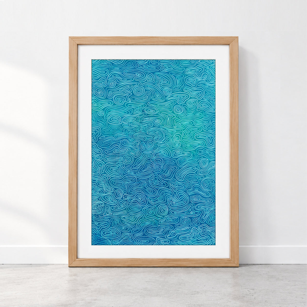Blue abstract water art print with flowing white ripple lines on a soft blue painted background, inspired by water movement and reflected light.