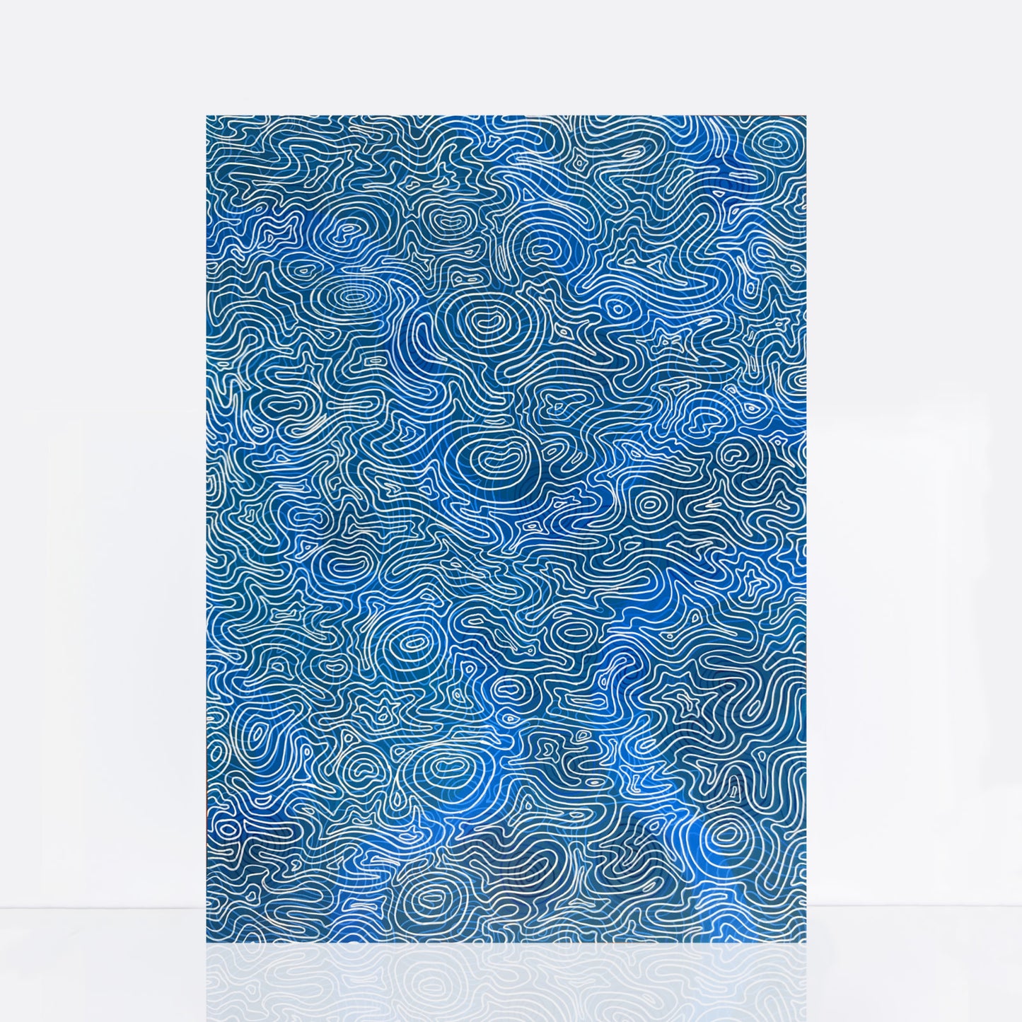 blue acrylic painting with lines and shapes that look like water ripples