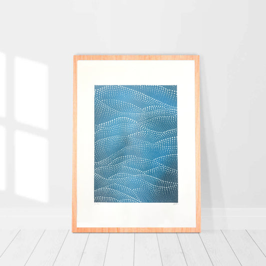 'Wave Study I’ – abstract artwork by Jennifer Bell with soft white dots on layered blue, evoking rippling water and ocean calm