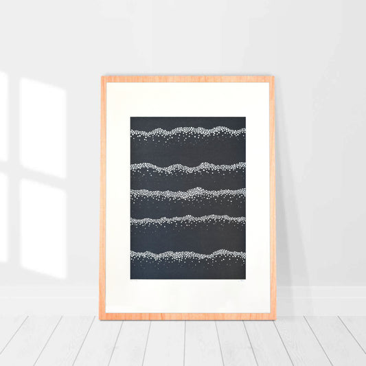 ‘Wave Study II’ – abstract dot artwork by Jennifer Bell with white marks on a dark blue-black background, suggesting ocean stillness and quiet motion