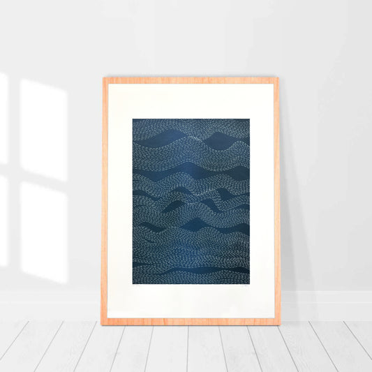 ‘Wave Study IV’ – abstract blue artwork by Jennifer Bell with rhythmic white dashes suggesting wave motion and tidal flow