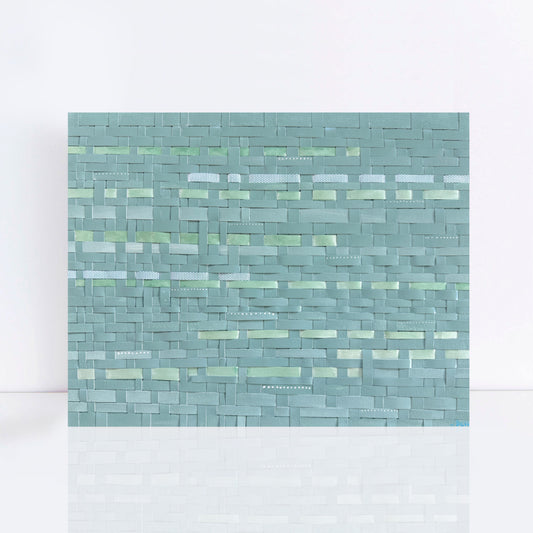 Wave Weave – horizontal abstract paper artwork in seafoam green tones with woven texture and subtle dots inspired by ocean movement.