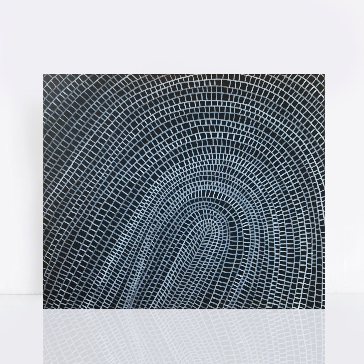 This black and white abstract painting of woven lines of a basket.