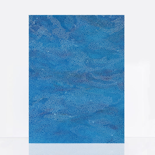Large blue abstract painting with hand-drawn circular patterns inspired by waves and the sea, layered in tones of ocean blue