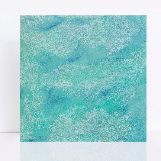 Large square abstract artwork in aqua, seafoam green, and blue tones with hand drawn white circular patterns resembling bubbles, sea glass, or ocean currents.
