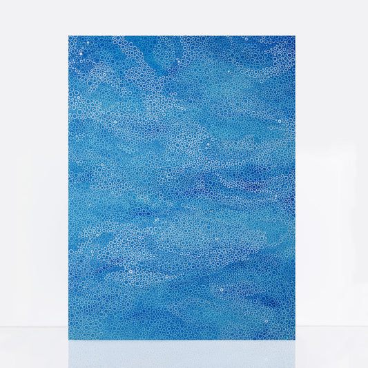 Large blue abstract painting with hand-drawn circular patterns inspired by waves and the sea, layered in tones of ocean blue