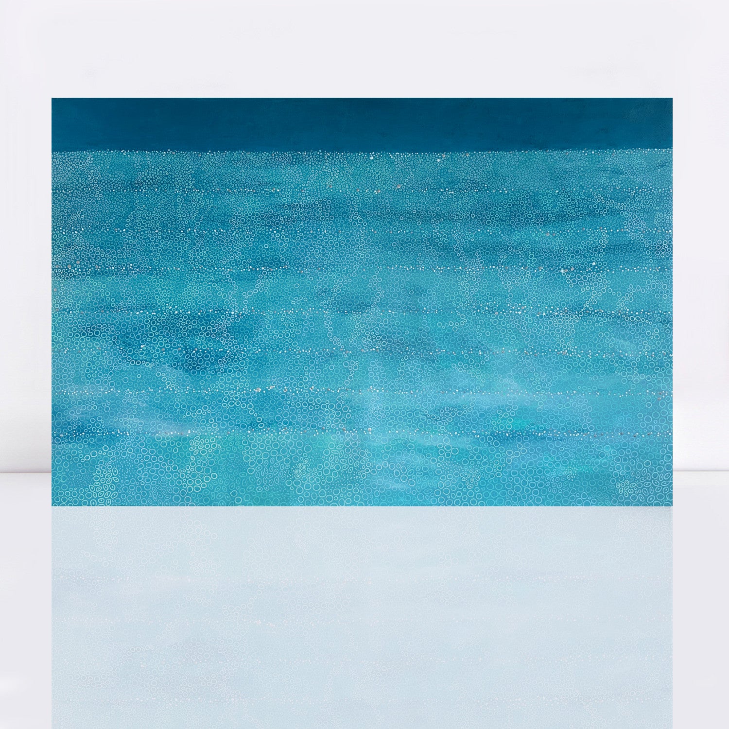 Original abstract ocean-inspired painting in shades of turquoise, aqua and deep blue. Layers of hand-painted circles create a flowing wave-like pattern across the canvas, fading into a darker atmospheric blue band at the top. Metallic accents catch the light, adding depth and movement to this contemporary acrylic artwork.