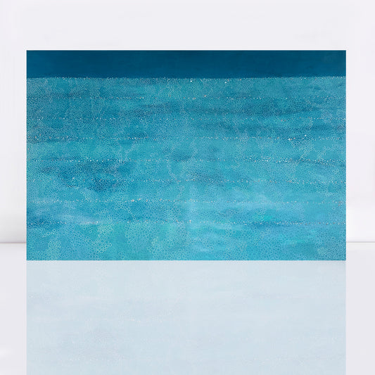 Original abstract ocean-inspired painting in shades of turquoise, aqua and deep blue. Layers of hand-painted circles create a flowing wave-like pattern across the canvas, fading into a darker atmospheric blue band at the top. Metallic accents catch the light, adding depth and movement to this contemporary acrylic artwork.