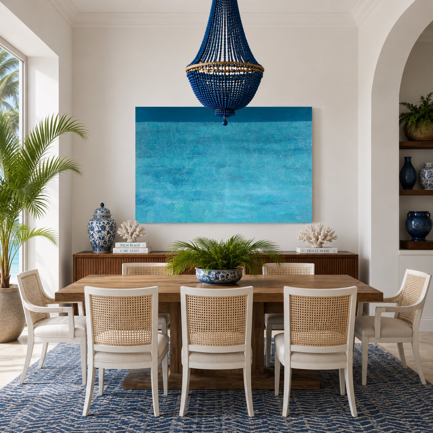 Contemporary abstract ocean-inspired artwork hanging in a luxury coastal dining room. The large blue painting is styled with cane dining chairs, a timber table, palms and a statement blue chandelier, creating an elegant Florida-inspired interior with relaxed coastal style.