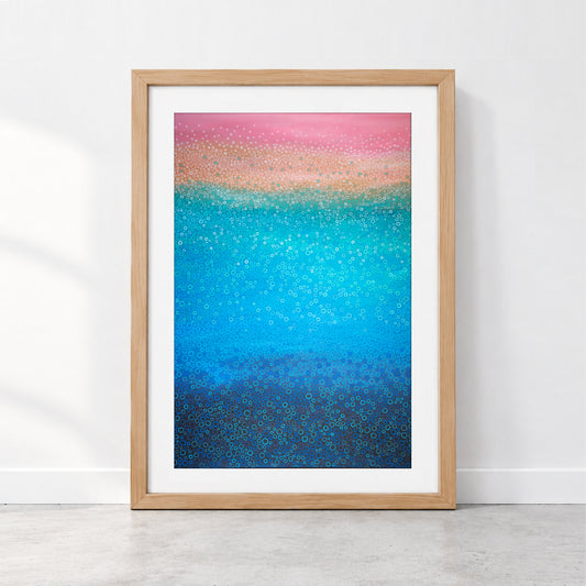 Colourful coastal abstract art with hundreds of hand-drawn circles in pink, coral, turquoise and deep blue, inspired by bubbles and ocean water.