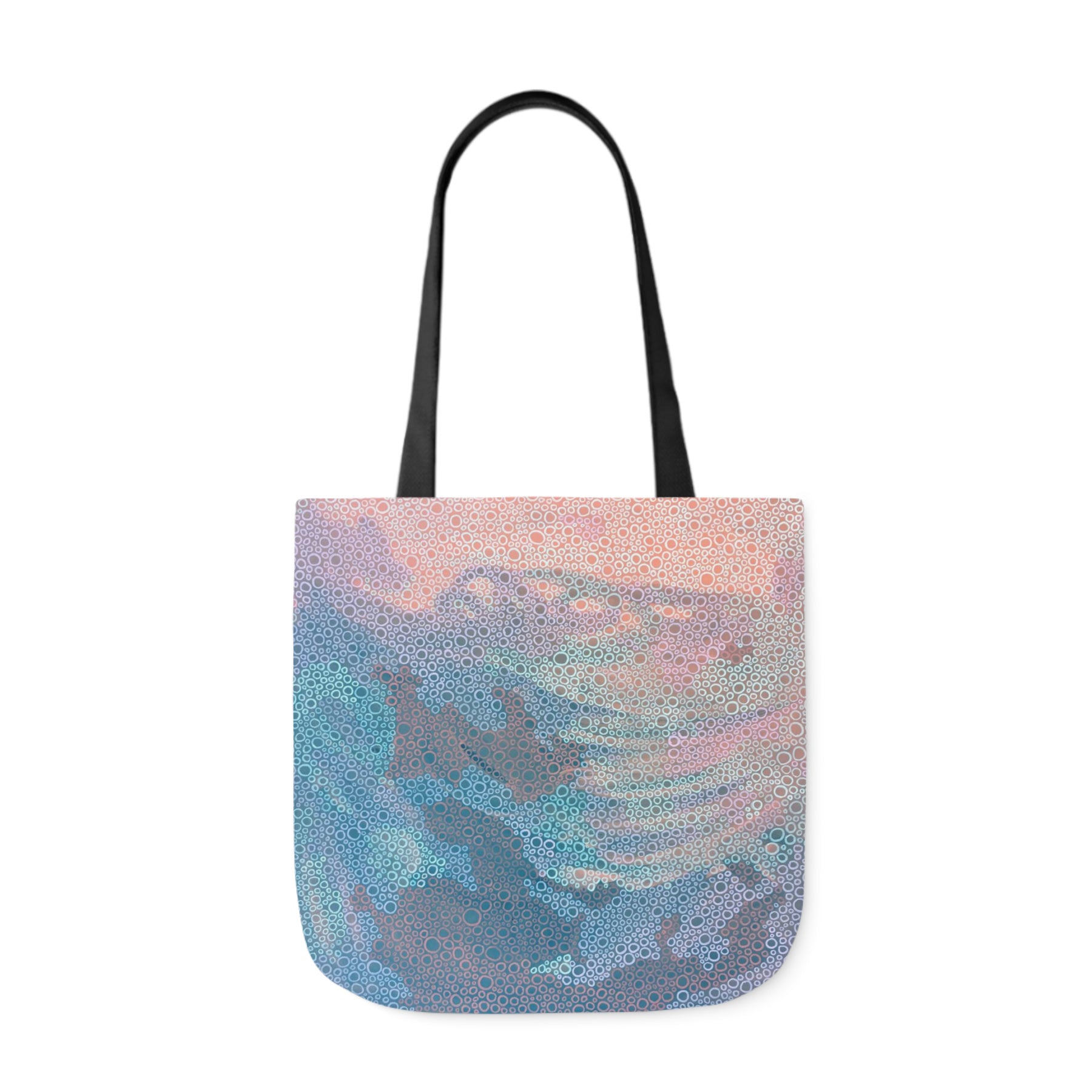 tote bag with abstract painting design in soft pinks, corals, and greys that was inspired by the ocean