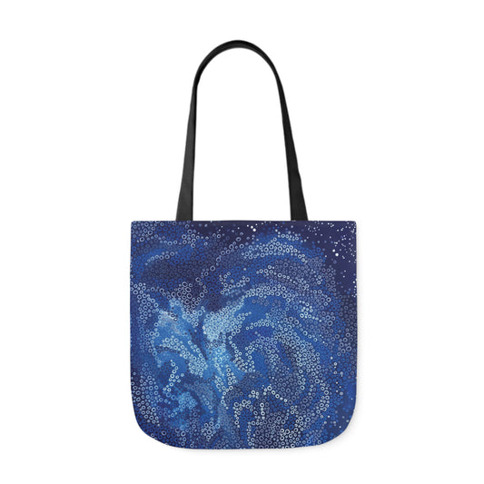 dark blue tote bag with an original abstract painting design swirling, gestural brush strokes with white detail dot painting