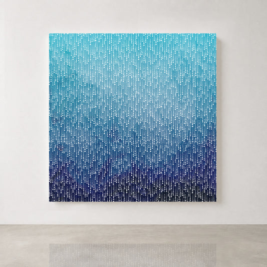 Blue Rainfall abstract wall art with cascading white dots in navy, turquoise and aqua