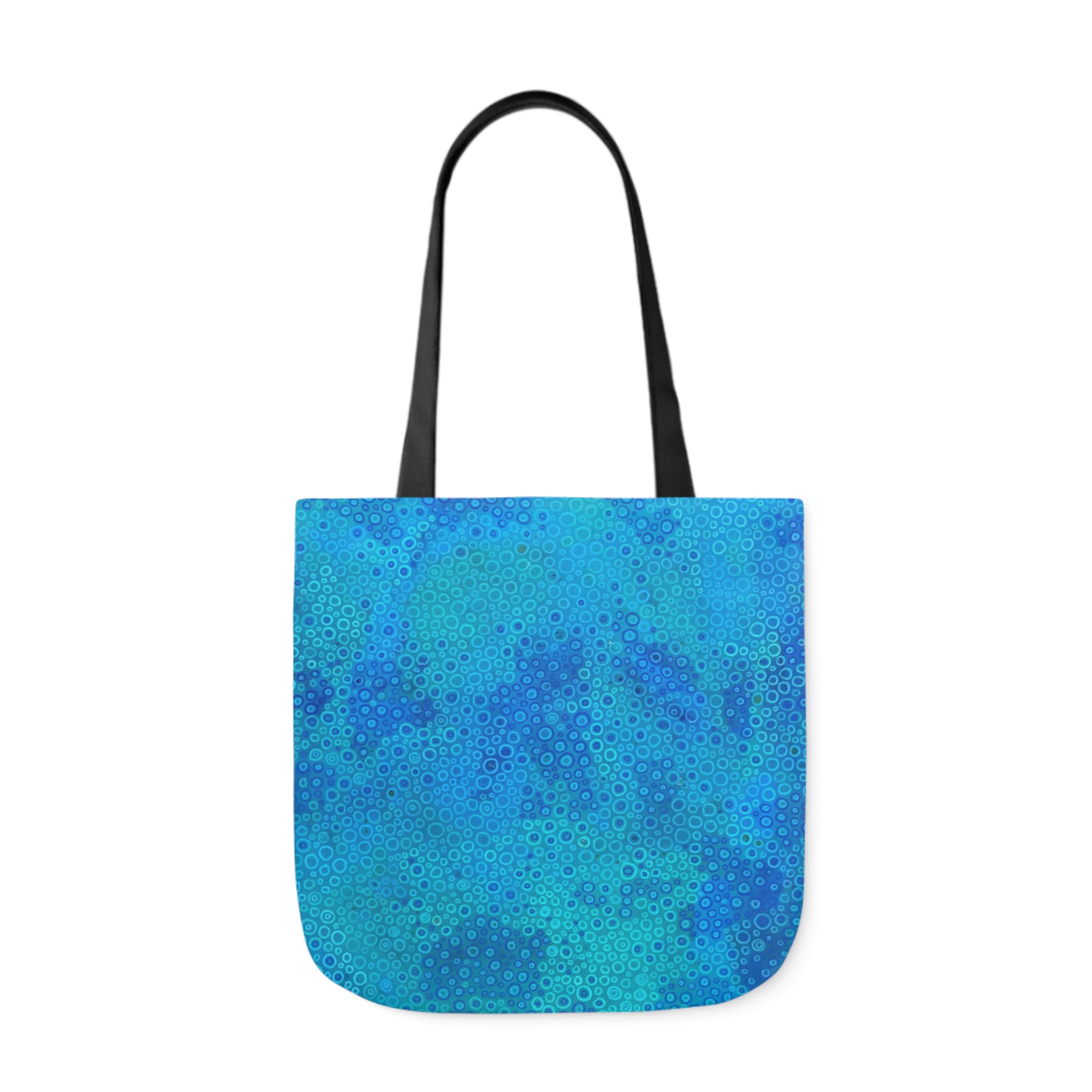 blue tote bag with abstract painting design in shades of blue, draws inspiration from the shapes in the ocean, coral, and water bubbles
