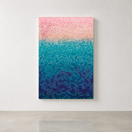 Tides abstract water art print with layered colour fields and hundreds of circular marks inspired by bubbles, ripples and moving water.