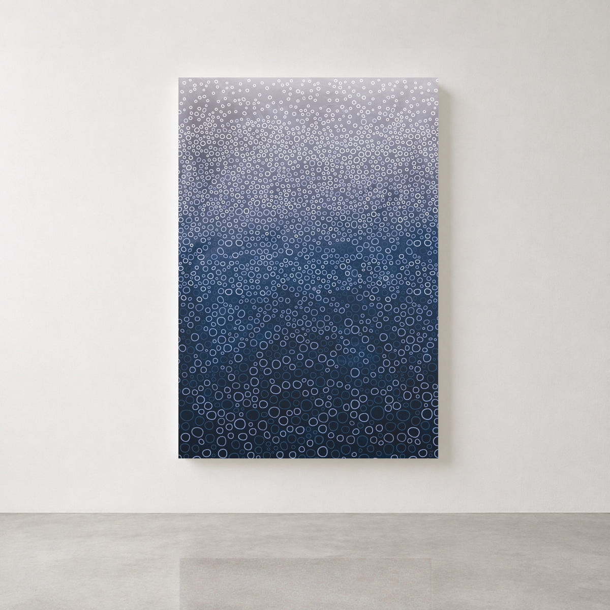 Navy blue abstract art print with layered circular forms in slate blue, ink and soft grey