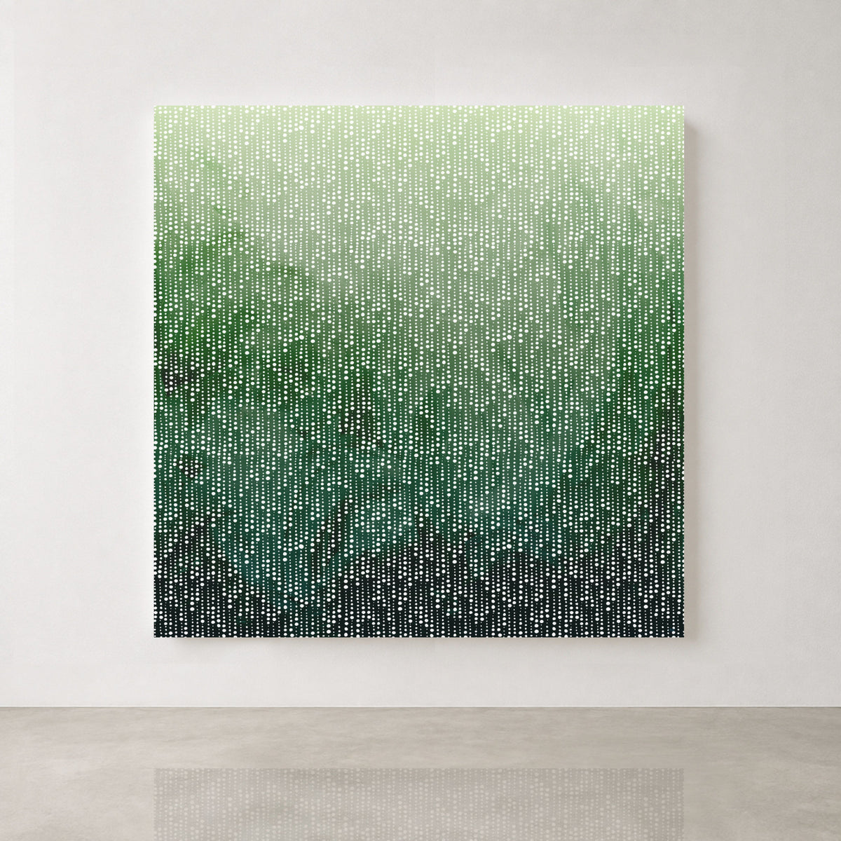 Green abstract Rainfall art print with cascading white dots in forest and deep green tones