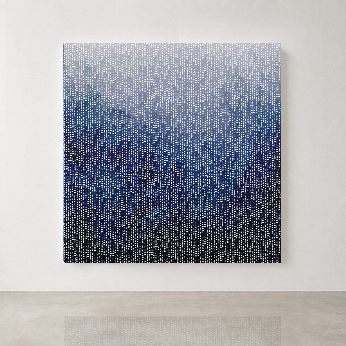 Navy blue abstract wall art print with rainfall pattern in slate blue and grey