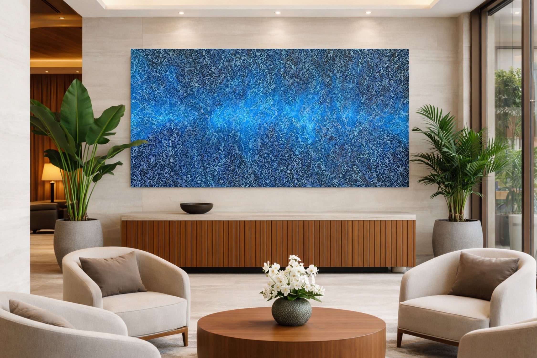 Large abstract painting by Jennifer Bell displayed in a hotel lobby interior, showing layered patterns and vibrant colour.